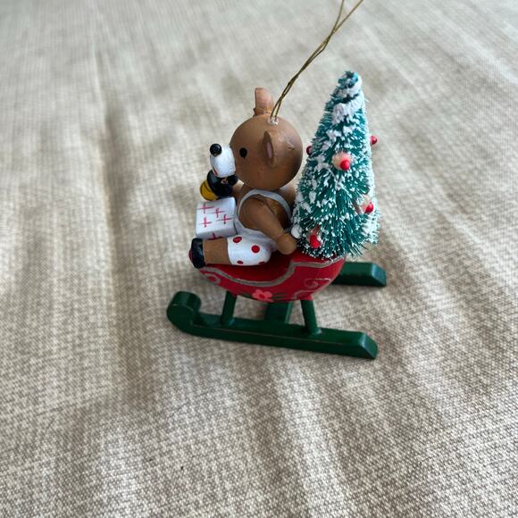 Vintage Hand Painted Teddy Bear on a Sled w/ Christmas Tree Ornament 4" - Picture 5 of 7